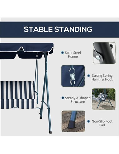 Outsunny 3-Seat Swing Chair Garden Swing Seat with Adjustable Canopy for Patio, Blue and White 84A-054V03BU