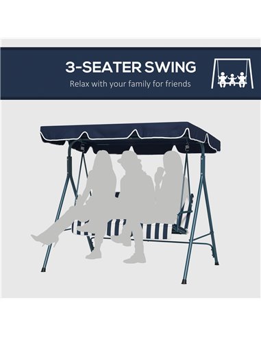 Outsunny 3-Seat Swing Chair Garden Swing Seat with Adjustable Canopy for Patio, Blue and White 84A-054V03BU