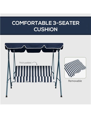 Outsunny 3-Seat Swing Chair Garden Swing Seat with Adjustable Canopy for Patio, Blue and White 84A-054V03BU