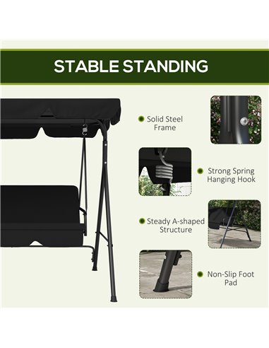 Outsunny 3-Seat Swing Chair Garden Swing Seat with Adjustable Canopy for Patio, Black 84A-054V05BK