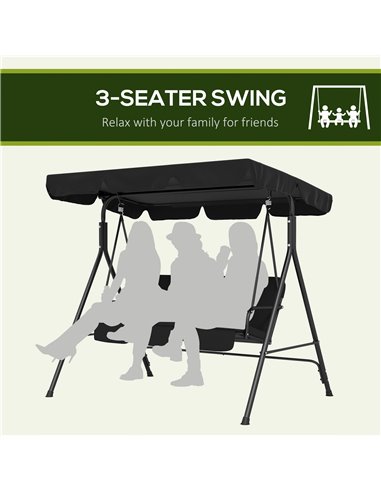 Outsunny 3-Seat Swing Chair Garden Swing Seat with Adjustable Canopy for Patio, Black 84A-054V05BK