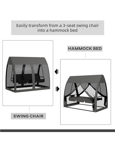 Outsunny 3 Seater Swing Chair 2 in 1 Garden Swing Seat Bed Convertible Outdoor Rocking Bench Bed with Water-Resistant Roof, Zipp