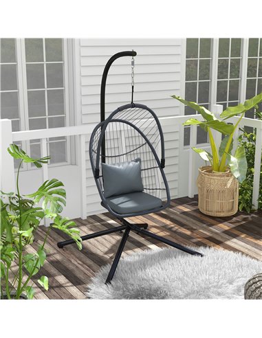 Outsunny Outdoor PE Rattan Swing Chair with Cushion, Foldable Basket Patio Hanging Chair w/ Metal Stand, Rotation Spring Hook, B