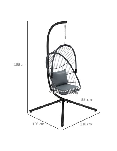 Outsunny Outdoor PE Rattan Swing Chair with Cushion, Foldable Basket Patio Hanging Chair w/ Metal Stand, Rotation Spring Hook, B