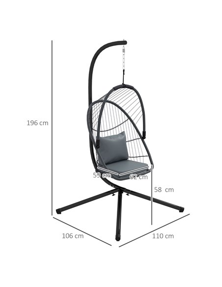 Outsunny Outdoor PE Rattan Swing Chair with Cushion, Foldable Basket Patio Hanging Chair w/ Metal Stand, Rotation Spring Hook, B - pic 51815 | FastDaddyshop