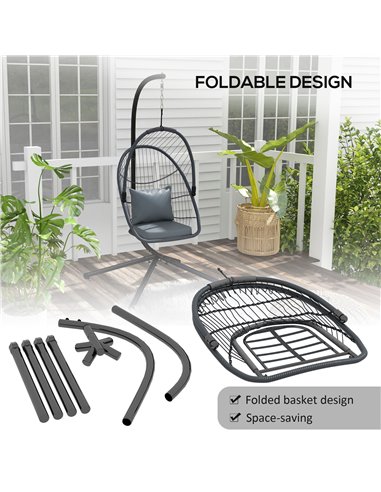 Outsunny Outdoor PE Rattan Swing Chair with Cushion, Foldable Basket Patio Hanging Chair w/ Metal Stand, Rotation Spring Hook, B