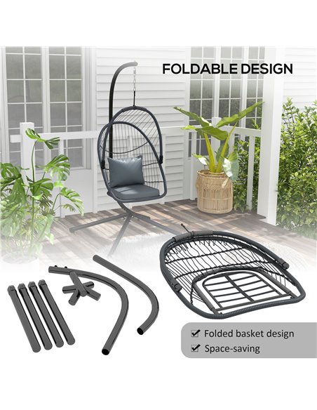 Outsunny Outdoor PE Rattan Swing Chair with Cushion, Foldable Basket Patio Hanging Chair w/ Metal Stand, Rotation Spring Hook, B - pic 51816 | FastDaddyshop