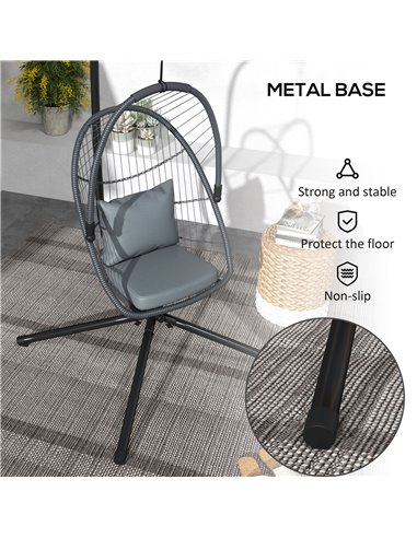 Outsunny Outdoor PE Rattan Swing Chair with Cushion, Foldable Basket Patio Hanging Chair w/ Metal Stand, Rotation Spring Hook, B
