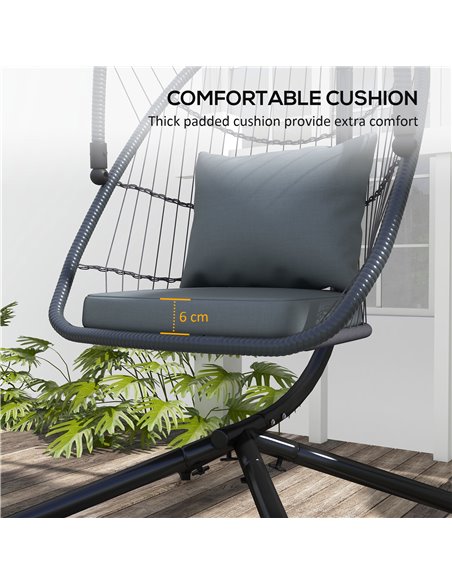 Outsunny Outdoor PE Rattan Swing Chair with Cushion, Foldable Basket Patio Hanging Chair w/ Metal Stand, Rotation Spring Hook, B - pic 51818 | FastDaddyshop