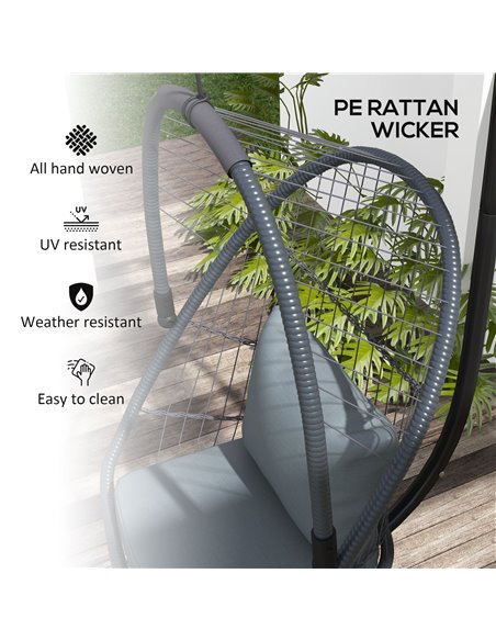 Outsunny Outdoor PE Rattan Swing Chair with Cushion, Foldable Basket Patio Hanging Chair w/ Metal Stand, Rotation Spring Hook, B - pic 51819 | FastDaddyshop