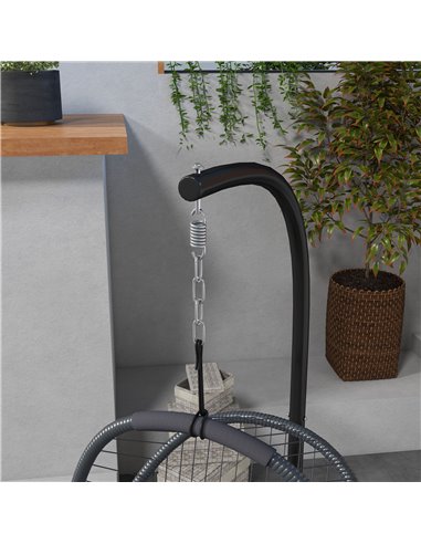 Outsunny Outdoor PE Rattan Swing Chair with Cushion, Foldable Basket Patio Hanging Chair w/ Metal Stand, Rotation Spring Hook, B