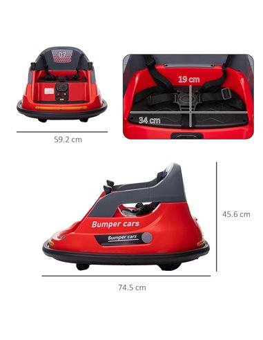 HOMCOM Bumper Car, 360° Rotation Spin 12V Kids Electric Car with Lights, Music, for Ages 1.5-5 Years - Red 370-301V70RD