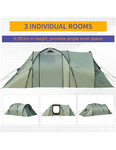 Outsunny Spacious 5 Man Camping Gazebo, Waterproof Tent with Rainfly, 3 Comfortable Rooms, Easy Transport with Carry Bag, Green 