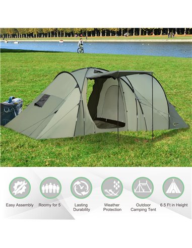Outsunny Spacious 5 Man Camping Gazebo, Waterproof Tent with Rainfly, 3 Comfortable Rooms, Easy Transport with Carry Bag, Green 