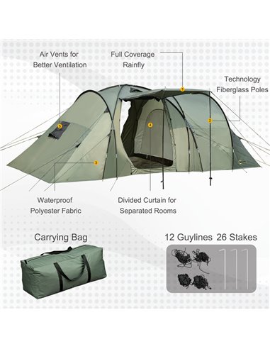 Outsunny Spacious 5 Man Camping Gazebo, Waterproof Tent with Rainfly, 3 Comfortable Rooms, Easy Transport with Carry Bag, Green 