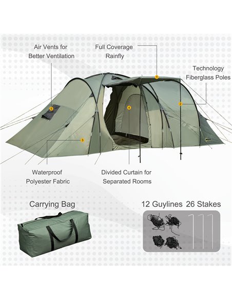Outsunny Spacious 5 Man Camping Gazebo, Waterproof Tent with Rainfly, 3 Comfortable Rooms, Easy Transport with Carry Bag, Green  - pic 51991 | FastDaddyshop
