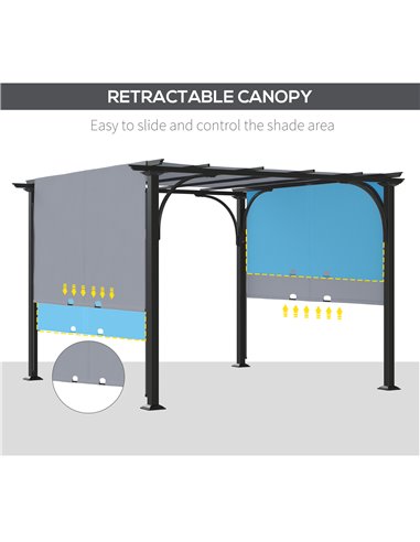 Outsunny 3 x 3(m) Garden Pergola, Outdoor Retractable Pergola Gazebo with Adjustable Canopy, Sun Shade Patio Canopy Shelter, Gre