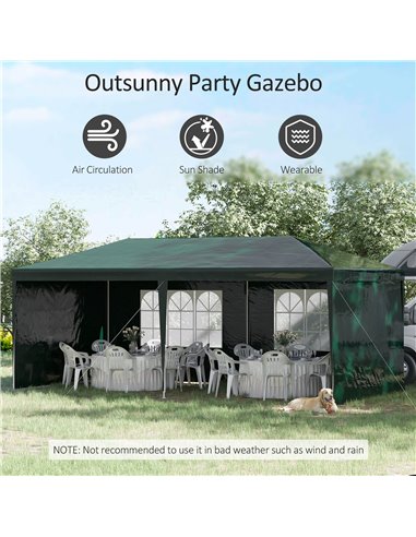 Outsunny 6x3 m Party Tent Gazebo Marquee Outdoor Patio Canopy Shelter with Windows and Side Panels, Green 840-062V01GN