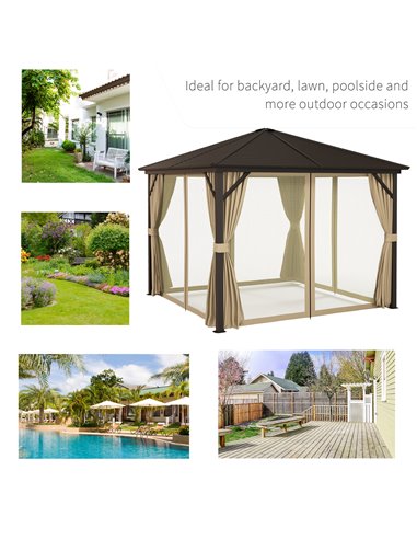Outsunny 3 x 3 m Garden Gazebo with Netting and Curtains, Hard Top Gazebo Canopy Shelter w/ Metal Roof, Aluminium Frame, for Gar