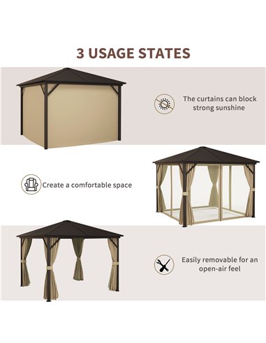 Outsunny 3 x 3 m Garden Gazebo with Netting and Curtains, Hard Top Gazebo Canopy Shelter w/ Metal Roof, Aluminium Frame, for Gar