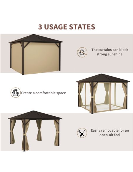 Outsunny 3 x 3 m Garden Gazebo with Netting and Curtains, Hard Top Gazebo Canopy Shelter w/ Metal Roof, Aluminium Frame, for Gar - pic 52269 | FastDaddyshop