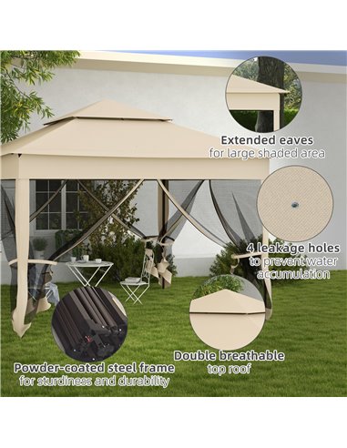 Outsunny 3 x 3(m) Pop Up Gazebo, Double-roof Garden Tent with Netting and Carry Bag, Party Event Shelter for Outdoor Patio, Crea