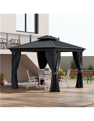 Outsunny 3 x 3.7m Outdoor Hardtop Gazebo Canopy Aluminum Frame with 2-Tier Roof & Mesh Netting Sidewalls for Patio, Dark Grey 84
