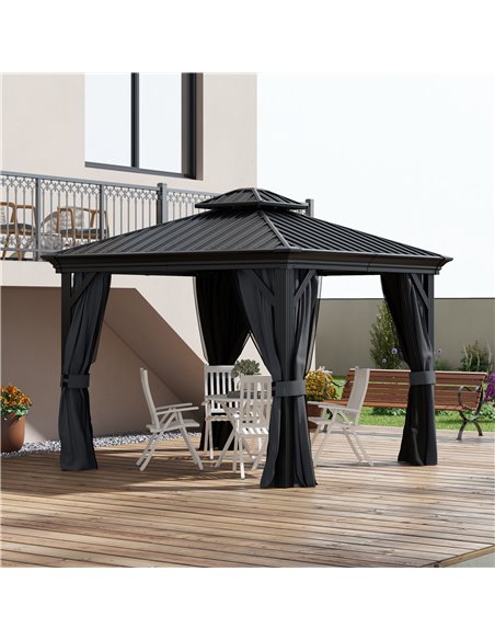 Outsunny 3 x 3.7m Outdoor Hardtop Gazebo Canopy Aluminum Frame with 2-Tier Roof & Mesh Netting Sidewalls for Patio, Dark Grey 84 - pic 52300 | FastDaddyshop