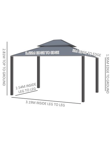 Outsunny 3 x 3.7m Outdoor Hardtop Gazebo Canopy Aluminum Frame with 2-Tier Roof & Mesh Netting Sidewalls for Patio, Dark Grey 84