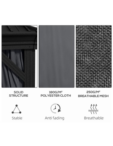 Outsunny 3 x 3.7m Outdoor Hardtop Gazebo Canopy Aluminum Frame with 2-Tier Roof & Mesh Netting Sidewalls for Patio, Dark Grey 84