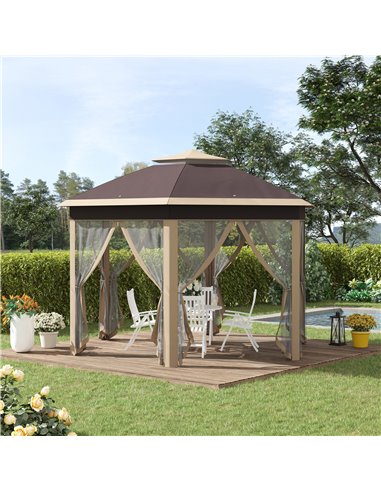 Outsunny Hexagon Pop Up Gazebo Outdoor Patio Gazebo Double Roof Instant Shelter with Netting, 3 x 4m, Khaki 84C-120MX