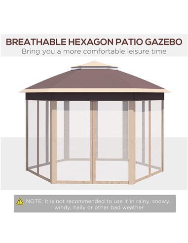 Outsunny Hexagon Pop Up Gazebo Outdoor Patio Gazebo Double Roof Instant Shelter with Netting, 3 x 4m, Khaki 84C-120MX