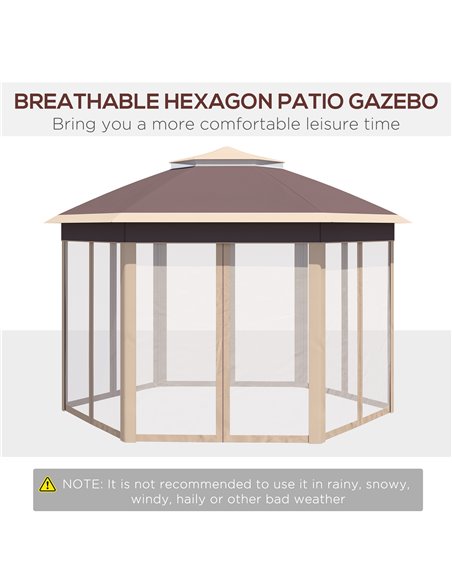Outsunny Hexagon Pop Up Gazebo Outdoor Patio Gazebo Double Roof Instant Shelter with Netting, 3 x 4m, Khaki 84C-120MX - pic 52311 | FastDaddyshop