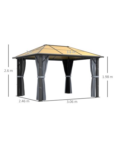 Outsunny 3 x 3.6m Garden Aluminium Gazebo Hardtop Roof Canopy Marquee Party Tent Patio with Mesh Curtains & Side Walls - Grey 84