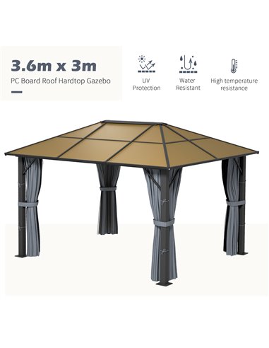 Outsunny 3 x 3.6m Garden Aluminium Gazebo Hardtop Roof Canopy Marquee Party Tent Patio with Mesh Curtains & Side Walls - Grey 84