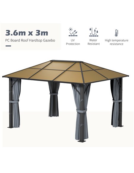 Outsunny 3 x 3.6m Garden Aluminium Gazebo Hardtop Roof Canopy Marquee Party Tent Patio with Mesh Curtains & Side Walls - Grey 84 - pic 52320 | FastDaddyshop