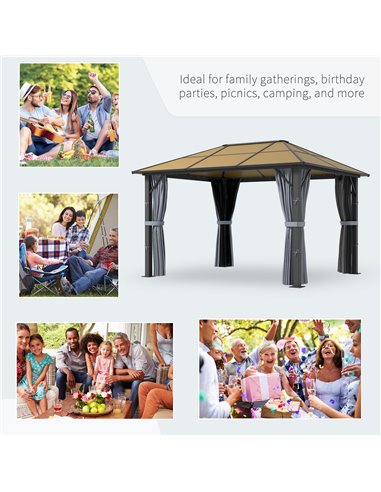 Outsunny 3 x 3.6m Garden Aluminium Gazebo Hardtop Roof Canopy Marquee Party Tent Patio with Mesh Curtains & Side Walls - Grey 84