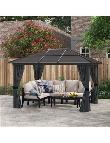 Outsunny 3 x 4m Hard Top Gazebo Garden Pavilion with Netting and Curtains, Polycarbonate Roof and Aluminium Frame 84C-049V04CG
