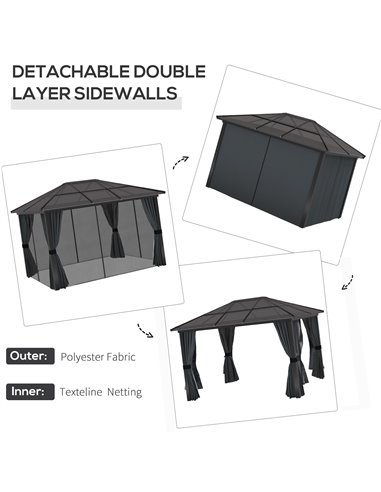 Outsunny 3 x 4m Hard Top Gazebo Garden Pavilion with Netting and Curtains, Polycarbonate Roof and Aluminium Frame 84C-049V04CG