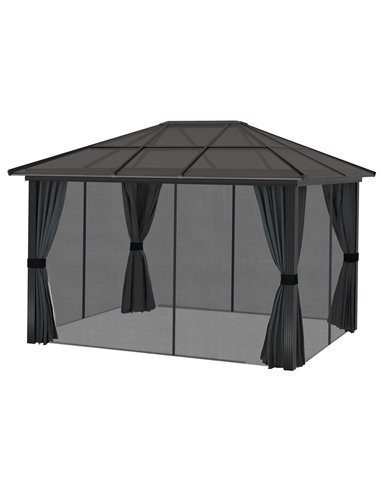 Outsunny 3 x 4m Hard Top Gazebo Garden Pavilion with Netting and Curtains, Polycarbonate Roof and Aluminium Frame 84C-049V04CG