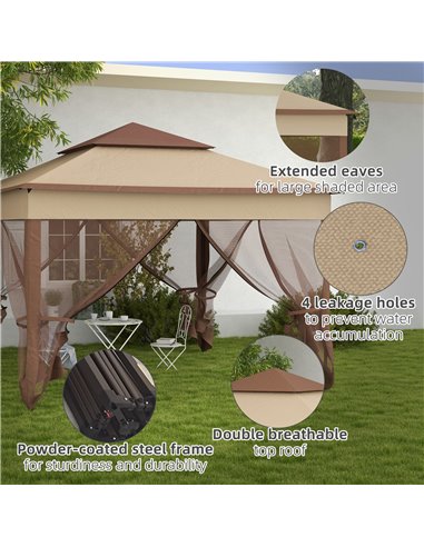 Outsunny 3 x 3(m) Pop Up Gazebo, Double-roof Garden Tent with Netting and Carry Bag, Party Event Shelter for Outdoor Patio, Khak