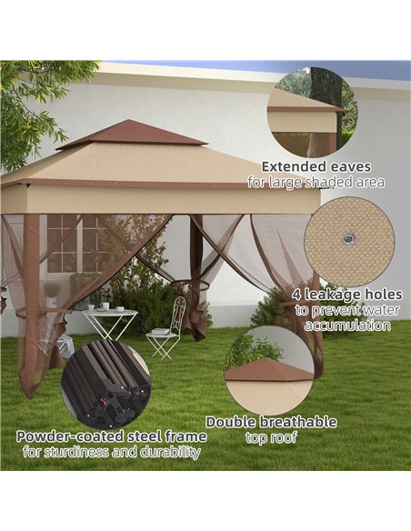 Outsunny 3 x 3(m) Pop Up Gazebo, Double-roof Garden Tent with Netting and Carry Bag, Party Event Shelter for Outdoor Patio, Khak - pic 52386 | FastDaddyshop