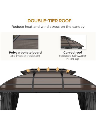 Outsunny Aluminium Frame 4 x 3(m) Polycarbonate Gazebo with Curtains, Nettings, Double Roof for Lawn, Yard, Patio, Deck, Brown 8