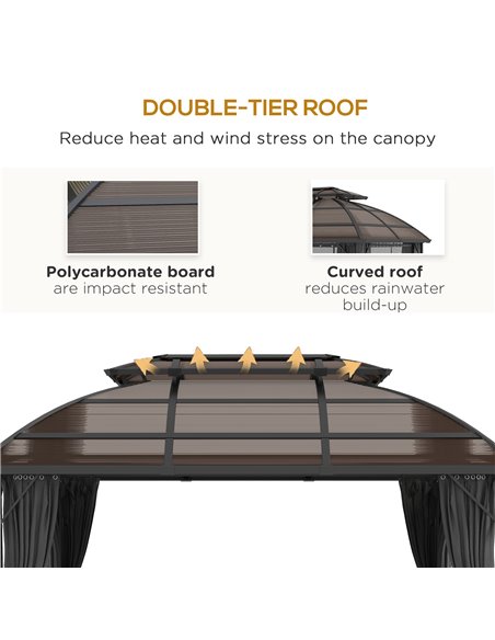 Outsunny Aluminium Frame 4 x 3(m) Polycarbonate Gazebo with Curtains, Nettings, Double Roof for Lawn, Yard, Patio, Deck, Brown 8 - pic 52572 | FastDaddyshop