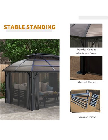 Outsunny Aluminium Frame 4 x 3(m) Polycarbonate Gazebo with Curtains, Nettings, Double Roof for Lawn, Yard, Patio, Deck, Brown 8