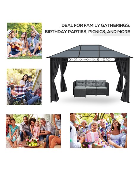 Outsunny Hardtop Gazebo Garden Pavilion with UV Resistant Polycarbonate Roof, Curtains, Steel & Aluminium Frame, 3 x 4m, Grey 84 - pic 52593 | FastDaddyshop