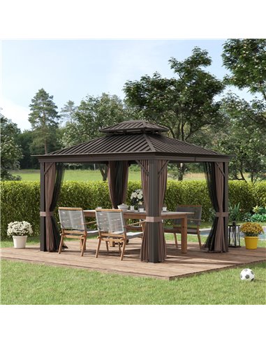 Outsunny 3.65 x 3m Aluminium Hardtop Gazebo, with Accessories - Brown 84C-204V02BN