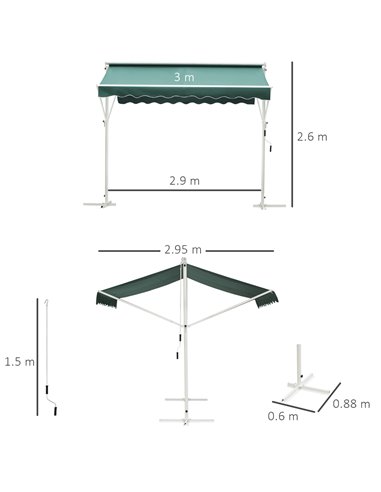 Outsunny 2 Side Manual Awning Garden Adjustable Canopy Free Standing Awning Shelter, 300 x 300 cm, Green and White 840-145GN