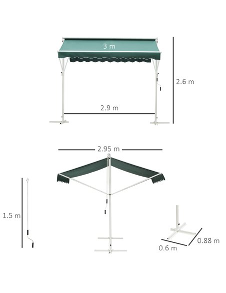 Outsunny 2 Side Manual Awning Garden Adjustable Canopy Free Standing Awning Shelter, 300 x 300 cm, Green and White 840-145GN - pic 52634 | FastDaddyshop