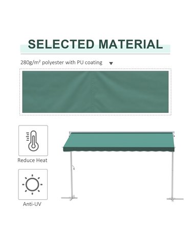 Outsunny 2 Side Manual Awning Garden Adjustable Canopy Free Standing Awning Shelter, 300 x 300 cm, Green and White 840-145GN